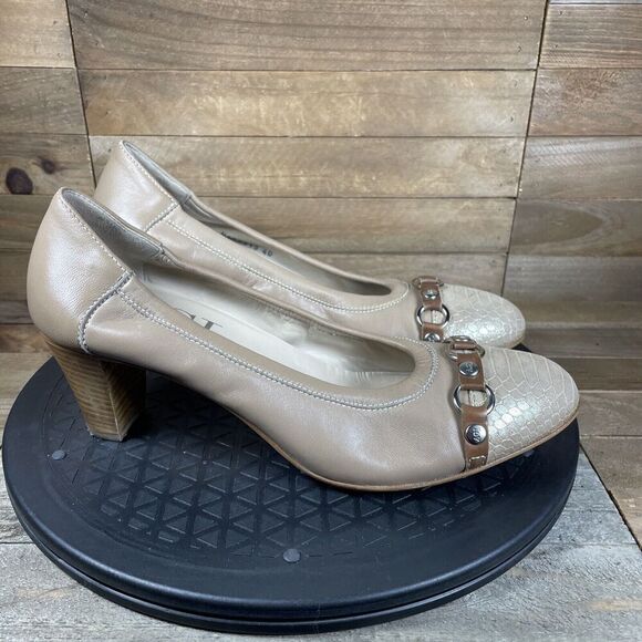 AGL Women's Size 10 Snakeskin Embossed Pumps Block Heel Beige Eur 40 - Picture 1 of 10